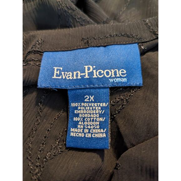 EVAN-PICONE Black Sheer Embroidered Floral Button V-neck Top Plus 2X - Picture 3 of 6